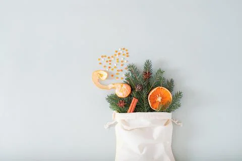 Zero waste Christmas composition from a bag. minimalist style wrapping, top view Stock Photos