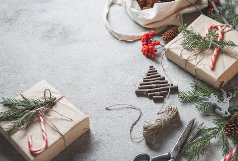 Zero waste Christmas concept. Natural Chirsmas decoration and Hand crafted gifts Stock Photos