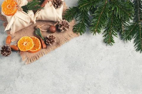 Zero waste christmas concept. Packed in natural fabric gifts and decorations  Stock Photos