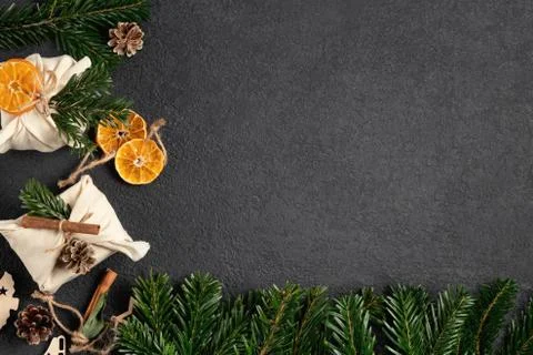 Zero waste christmas concept. Packed in natural fabric gifts and decorations  Stock Photos