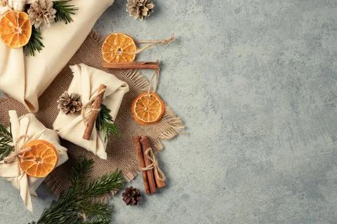 Zero waste christmas concept. Packed in natural fabric gifts and decorations  Stock Photos