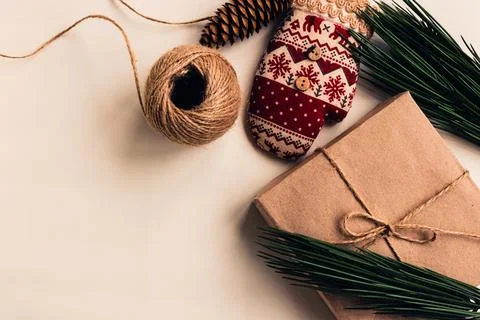 Zero waste Christmas flat lay. Home made. Eco friendly Christmas ornament. Co Stock Photos