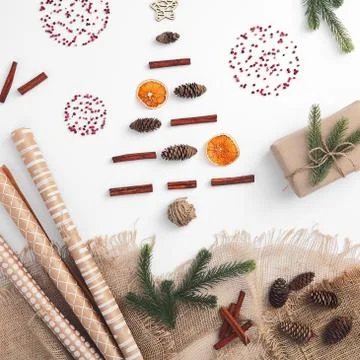 Zero waste christmas tree shape made from natural classic xmas decoration Stock Photos