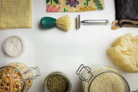 Zero waste concept - double razor, net for groceries, bulk rice, legumes in g Stock Photos