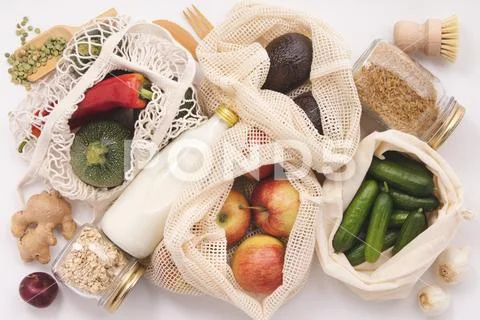 Zero waste concept. Eco-friendly shopping, flat lay Stock Photos