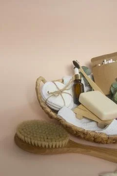 Zero waste concept. Eco-friendly bath set. Brushes, soap, cotton swabs and pads. Stock Photos