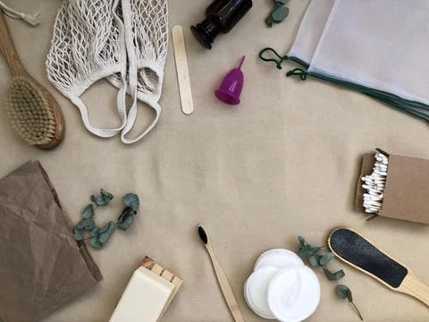 Zero waste concept. Eco friendly and reuse items.Top view, flatlay, copy space. Stock Photos