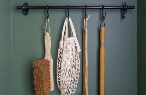 Zero waste concept. Eco friendly string bag and reusable wooden household ite Stock Photos