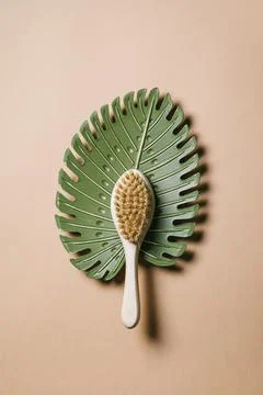 Zero waste concept. Eco friendly hairbrush on a green leaf on a beige backgro Фото