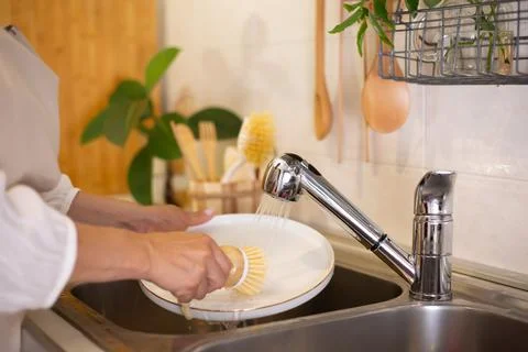 Zero waste concept. Eco-friendly kitchen accessories. Brushes, natural soap,  Stock Photos