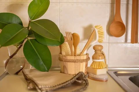 Zero waste concept. Eco-friendly kitchen accessories. Brushes, natural soap, A 스톡 사진