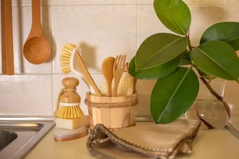 Zero waste concept. Eco-friendly kitchen accessories. Brushes, natural soap, A 스톡 사진