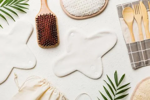 Zero waste concept. Eco-friendly home daily accessories. top view Stock Photos