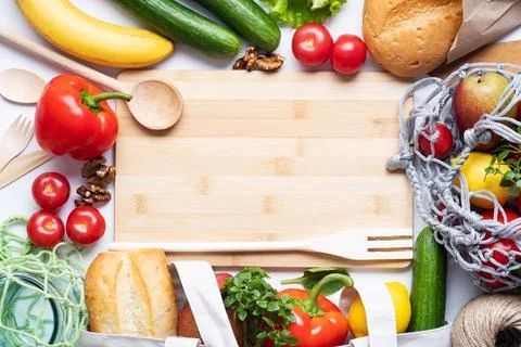 Zero waste concept, environmental friendly products with glass jars and net b Stock Photos