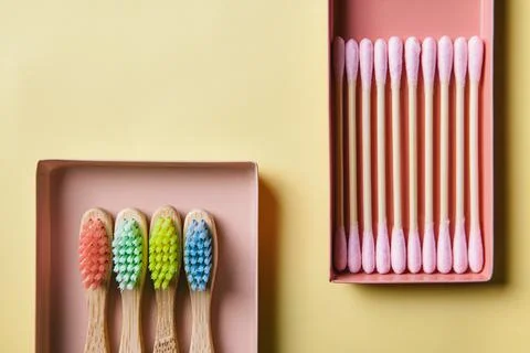 Zero waste concept. Flat lay of eco friendly bathroom accessories in a metal Stock Photos