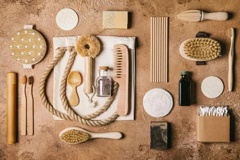 Zero waste concept. Flat lay of eco friendly bathroom and kitchen accessories Stock Photos