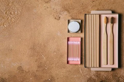 Zero waste concept. Flat lay of eco friendly bathroom and kitchen accessories Stock Photos