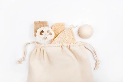 Zero waste concept flatlay with loofahs sponges Stock Photos