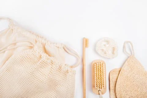 Zero waste concept flatlay with loofahs sponges Stock Photos