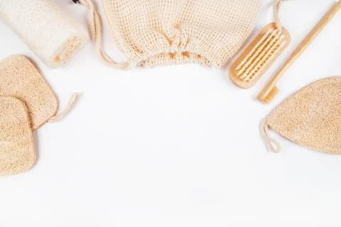 Zero waste concept flatlay with loofahs sponges Stock Photos
