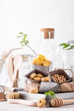 Zero waste concept, plastic free. Set of natural kitchen accessories. eco-fri Stock Photos
