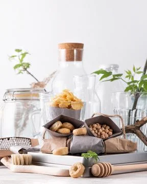 Zero waste concept, plastic free. Set of natural kitchen accessories. eco-fri Stock Photos