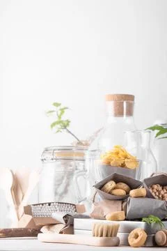 Zero waste concept, plastic free. Set of natural home accessories with copy s Stock Photos