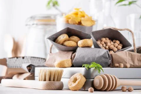 Zero waste concept, plastic free. Set of natural kitchen accessories. eco-fri Stock Photos