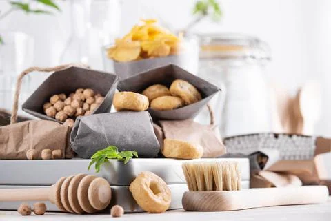 Zero waste concept, plastic free. Set of natural kitchen accessories. eco-fri Stock Photos