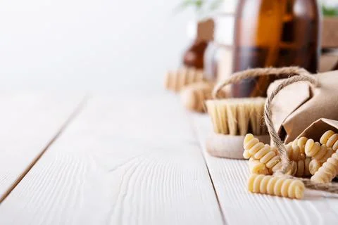 Zero waste concept, plastic free. Set of natural home accessories with copy s Stock Photos
