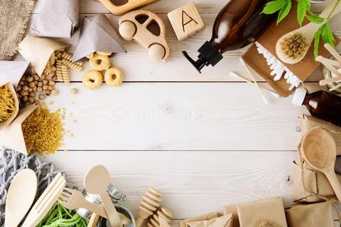 Zero waste concept, plastic free. Set of natural home accessories with copy s Stock Photos