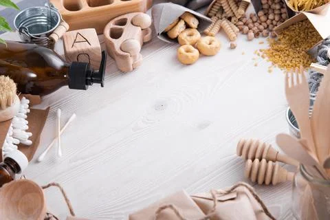 Zero waste concept, plastic free. Set of natural home accessories with copy s Stock Photos