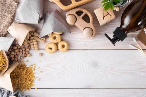 Zero waste concept, plastic free. Set of natural home accessories with copy s Stock Photos