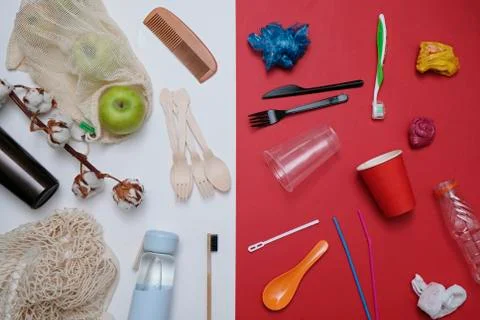 Zero waste concept: plastic garbage against eco recyclable products Stock Photos