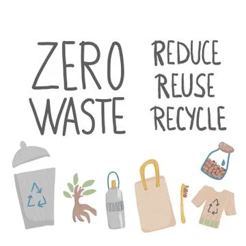 Zero waste concept. Quote with eco style design stuff. Hand drawn elements wi 스톡 일러스트