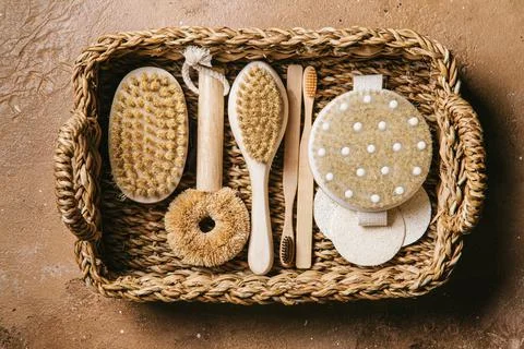 Zero waste concept. Set of brush for washing dishes, brushes for massage, too Stock Photos