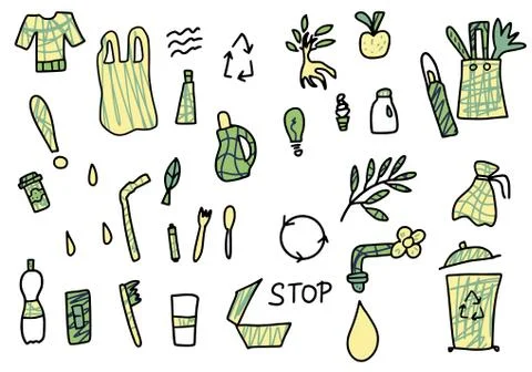 Zero waste concept. Set of eco lifestyle elements in doodle style isolated on Stock Illustration