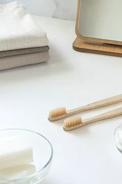 Zero waste concept. Set of eco friendly bathroom accessories. Stock Photos