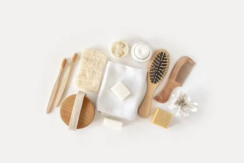 Zero waste concept. Set of eco friendly bathroom accessories. Stock Photos