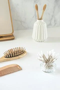 Zero waste concept. Set of eco friendly bathroom accessories. Stock Photos