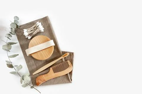 Zero waste concept. Set of eco friendly bamboo toothbrush, cotton buds, natural Stock Photos