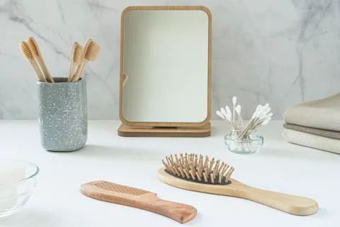 Zero waste concept. Set of eco friendly bathroom accessories. Stock Photos