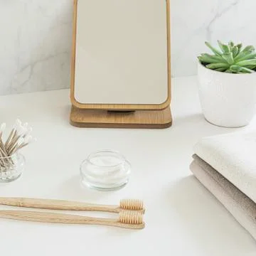 Zero waste concept. Set of eco friendly bathroom accessories. Stock Photos