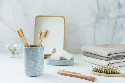 Zero waste concept. Set of eco friendly bathroom accessories. Stock Photos