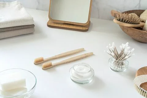 Zero waste concept. Set of eco friendly bathroom accessories. Stock Photos