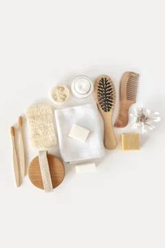 Zero waste concept. Set of eco friendly bathroom accessories. Stock Photos