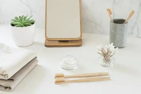 Zero waste concept. Set of eco friendly bathroom accessories. Stock Photos