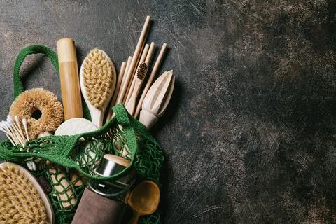 Zero waste concept. Set of eco friendly bathroom and kitchen accessories in a Stock Photos