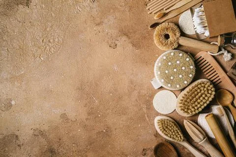 Zero waste concept. Set of eco friendly bathroom and kitchen accessories on a Stock Photos