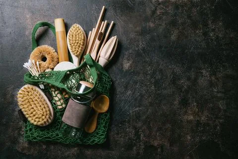 Zero waste concept. Set of eco friendly bathroom and kitchen accessories in a Stock Photos